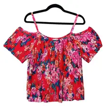 H.I.P. Floral Cold Shoulder Top Pleated Accordion Red Pink Summer Blouse Size‎ M