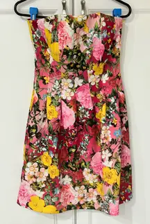 New York & Co. Floral Stretch Bodycon Strapless Midi Dress Sz S Pink Pockets