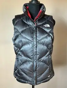 North face gray down feather puffer vest with pink lining and accents