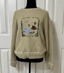 Vintage Cabelas Embroidered Cabin Scene Sweater Cotton Crew Neck Women’s - M