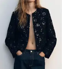 NWOT ZARA Black Flower Sequin Blazer Jacket  1689/399 Stylish Classic Chic Glam