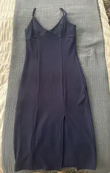 Navy Blue Bodycon Midi Dress with Slit