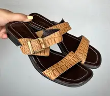 Nickels Soft Womens Sandals Tan Brown Faux Crocodile Buckle Block Heel Slides‎