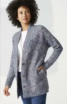 J.Jill Pure Jill Textured Paisley Sweater Coat Cotton Blend Blue Snap Front SP