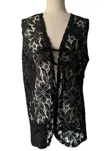 Vintage 90s Sheer Black Lace Swim Cover Up Ribbon Tie Front Summer Festival M/L