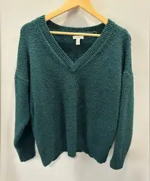 Nine West Women Large Teal Green V Neck Long Sleeve Sweater Stitch Cozy Warm