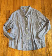 FLAX Shirt Womens Blue Linen Button Front Collared Long Sleeve High Low