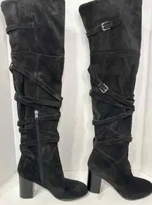 Sam Edelman Over The Knee Boots Women's Size 9.5 Black Suede Strappy Heeled Boot