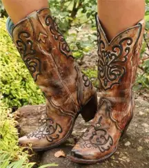 Distressed Brown Embroidered Cowboy Boots