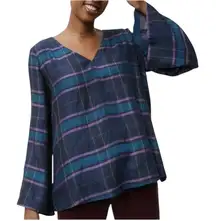 LOFT Plaid Bell Sleeve Top V-Neck Cut‎ Out Boho Purple Blue Women Size Medium