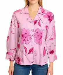 Erin London Pink Floral‎ Button-Up Stretch Shirt - Size L Colorful Fun
