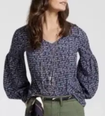Cabi Women's Te Amo Navy Multi Love Blouse Puffy Long Sleeve Style 5336 Size S