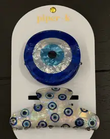 Piper K Blue and White Evil Eye Pattern Hair Clip Set of 2 Brand New