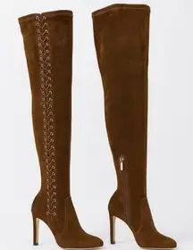 Jimmy Choo Marie 100 Brown Suede Over-the-Knee Sock Boot EU 36 High Heel Lace-Up
