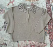 Together Cottagecore Whimsy Lace Collar V-Neck Tan Sweater Women’s Large