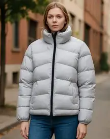 NWT THEORY Stand-Collar Puffer Coat in City Poly In Color Silver