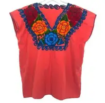 Vintage 70s Handmade Embroidered Floral Mexican Peasant Blouse Top