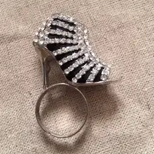 Silver Tone Black Enamel and Crystal Shoe Ring