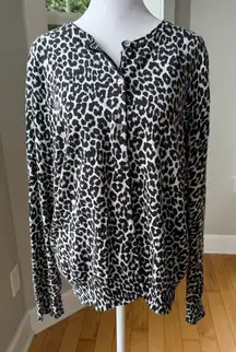 Lands’ End Black White Leopard Print Cotton Crewneck Cardigan Sweater Size Large