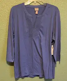 NEW Chico’s Blue Women's Top pullover v neck smocked notch 3/4 sleeve tee nwt
