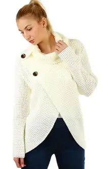 Unbranded Waffle Knit Cowl Neck Split Front Sweater Cream Large