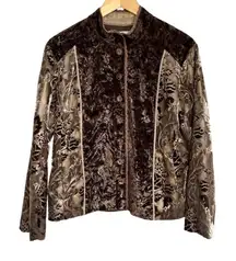 Chico's Chocolate Brown Velvet Burnout Floral Patchwork Jacket Button Front