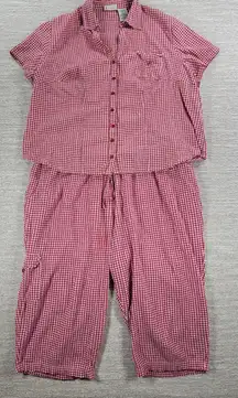 Vintage White Stag Shirt Capri Set Womens‎ 2XL Red Gingham Button Down Pockets