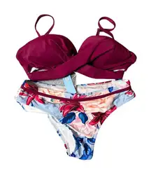 Cupshe Bikini Womens XS Burgundy Wrap Top Floral Bathing Suit Two‎ Piece NEW