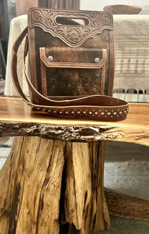 Ranch Hair-On Cowhide Floral Tooled Concealed Carry Crossbody Bag - Coffee