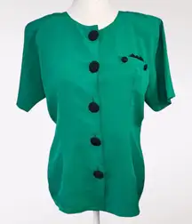 Vintage 80s Green Button Up Blouse Black Buttons Retro Short Sleeve Medium