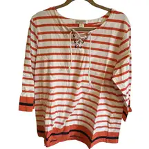 Christopher & Banks Striped Lace Up Petite Top‎ Orange White 3/4 Sleeve P/XL