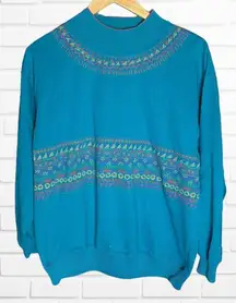 Belvedere Women's Size L‎ Mockneck 80s Print Pullover Sweatshirt Bright Blue Geo
