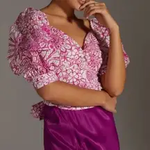 Meve Pink Floral Print Tie Crop Top Blouse Off Shoulder Puff Short Sleeve S