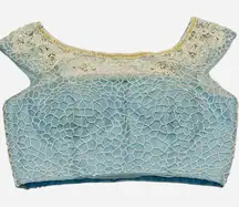 Stunning Sherri Hill Baby Blue Beaded‎ Sequin Cropped Satin Low Back Top 10