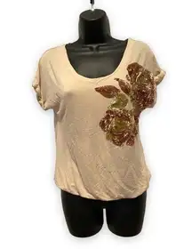 Daytrip beige sequin floral t shirt top size small