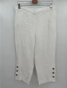 Chico's Cropped Straight Leg Pants Sz 1.5 (US 10) White 100% Linen Button