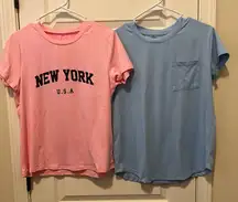 SHEIN Pink and Blue Short Sleeve Tees Casual Crew Neck