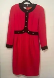 ✅Saks Fifth Avenue Vintage Red Vintage Long Sleeve Dress Black Velvet Trim