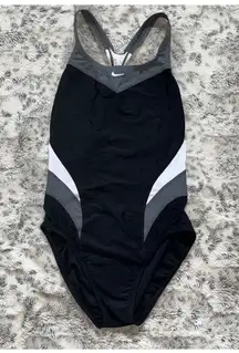 gray white black one piece swim suit blue lining