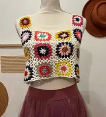 None Bright Colorful Granny Square Crochet Cropped Tank Top Vest Shirt