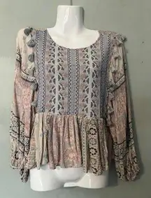 Am. Eagle Pink Gray Ruffled Long Sleeved Boho Peasant Blouse