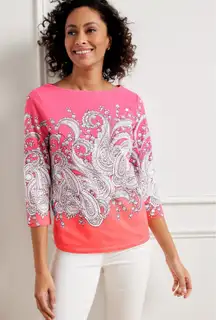 Talbots Bateau Neck Tee Filigree Paisley Size MP Pink Stretch Preppy Colorful