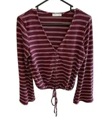 Emory Park Striped Lightweight Bell Sleeve V-Neck Button Up Cropped Sweater Sz S
