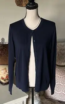 Ann Taylor Vtg navy blue cotton button down classic cardigan sweater L