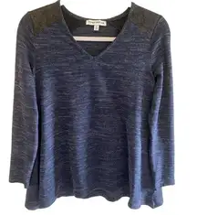 Jones Wear Navy Blue 3/4 Sleeve V-Neck Tight Knit Top Faux Leather Detail Size S