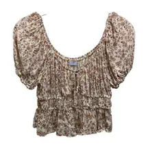 Arizona Jean Co Floral Blouse  Elastic HemSize Large Ivory Brown Short‎ Sleeves