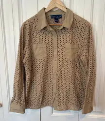 Susan Graver Tan Eyelet Button Down Shirt Size Large