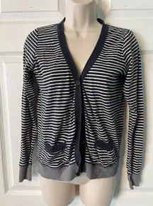 Women's I Love H81 Blue White Striped Button Cardigan Sweater M