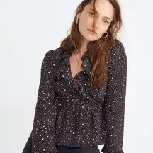Madewell Silk Ruffle-Hem Wrap Top in Starry Night