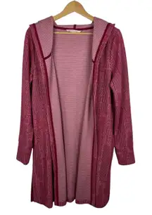 Soft Surroundings Red‎ Pink Striped Cardigan Sz M Hooded Open Front Knit Comfort